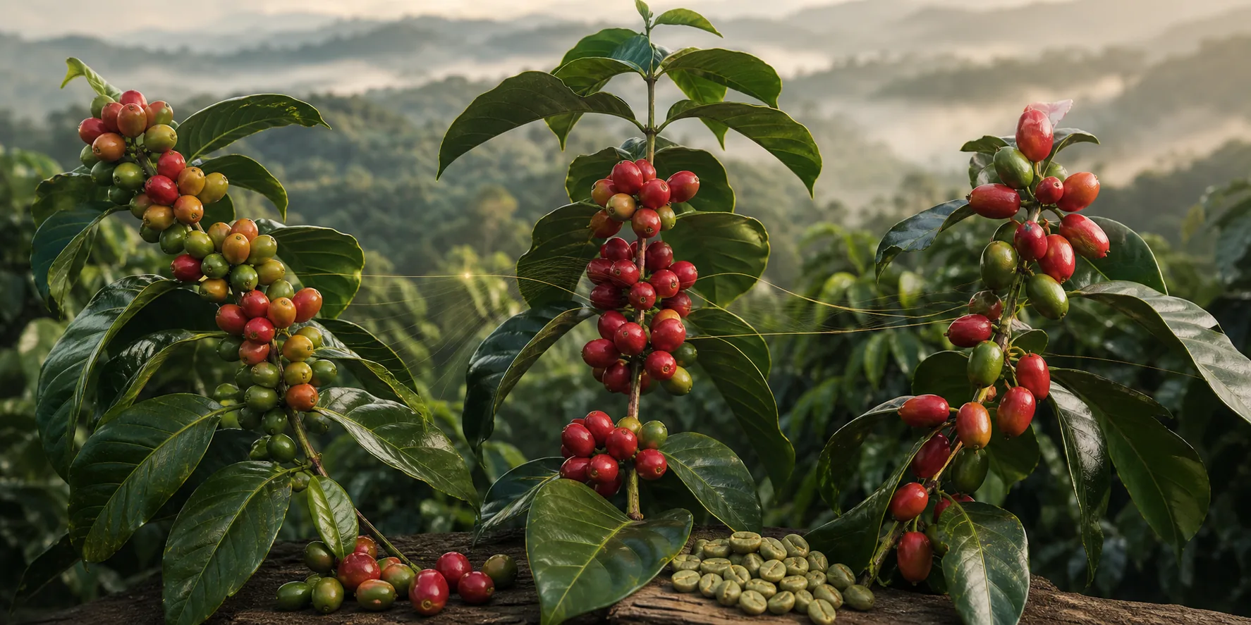 Coffee cherries and beans representing Indonesian coffee varieties